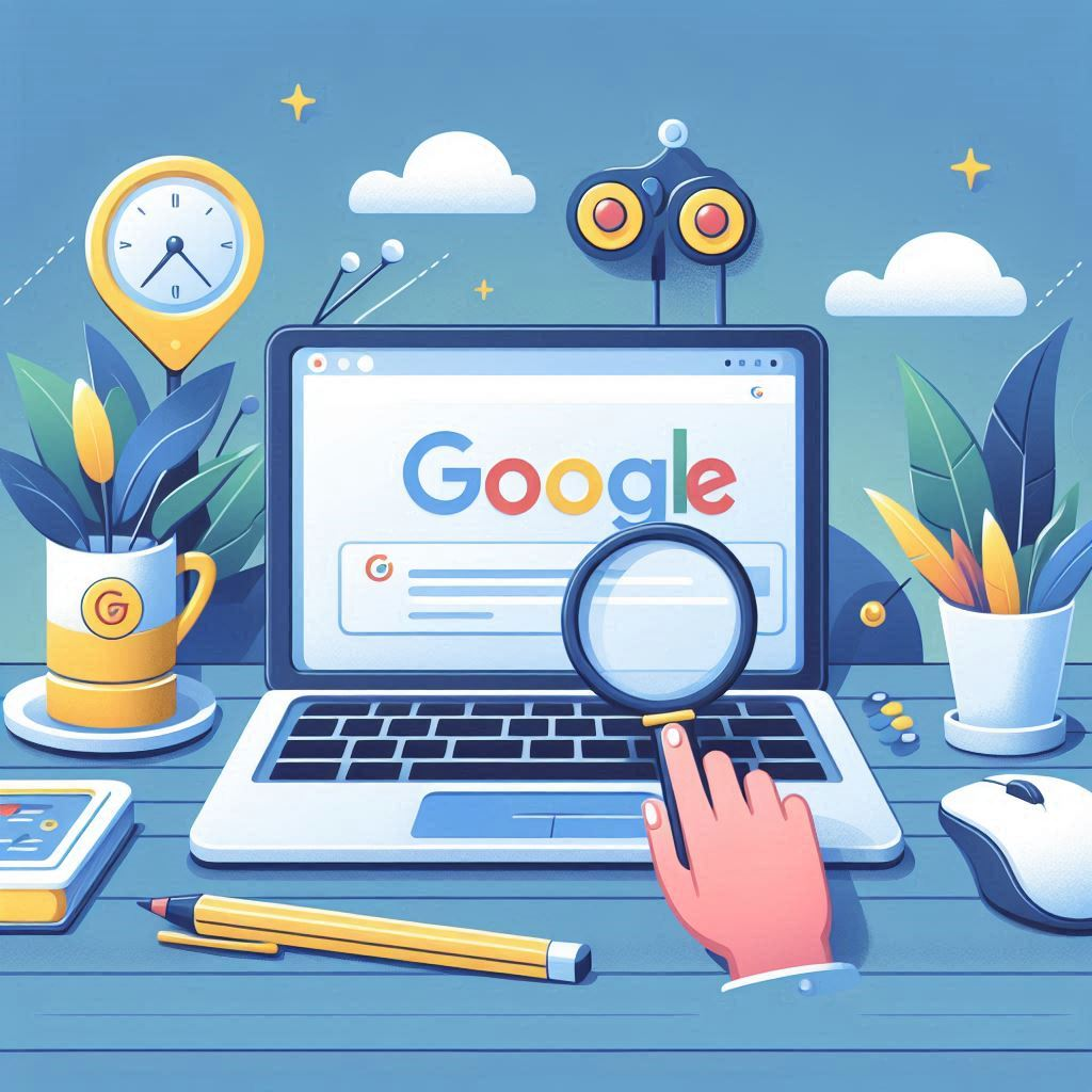 A digital workspace illustration featuring a central laptop with Google search displayed, surrounded by a clock, potted plants with Google logos, a computer mouse, and stationery. Above, cartoon eyes with antennas connect to whimsical clouds, hinting at online assistance or surveillance. The scene is playful yet focused on online research and work efficiency