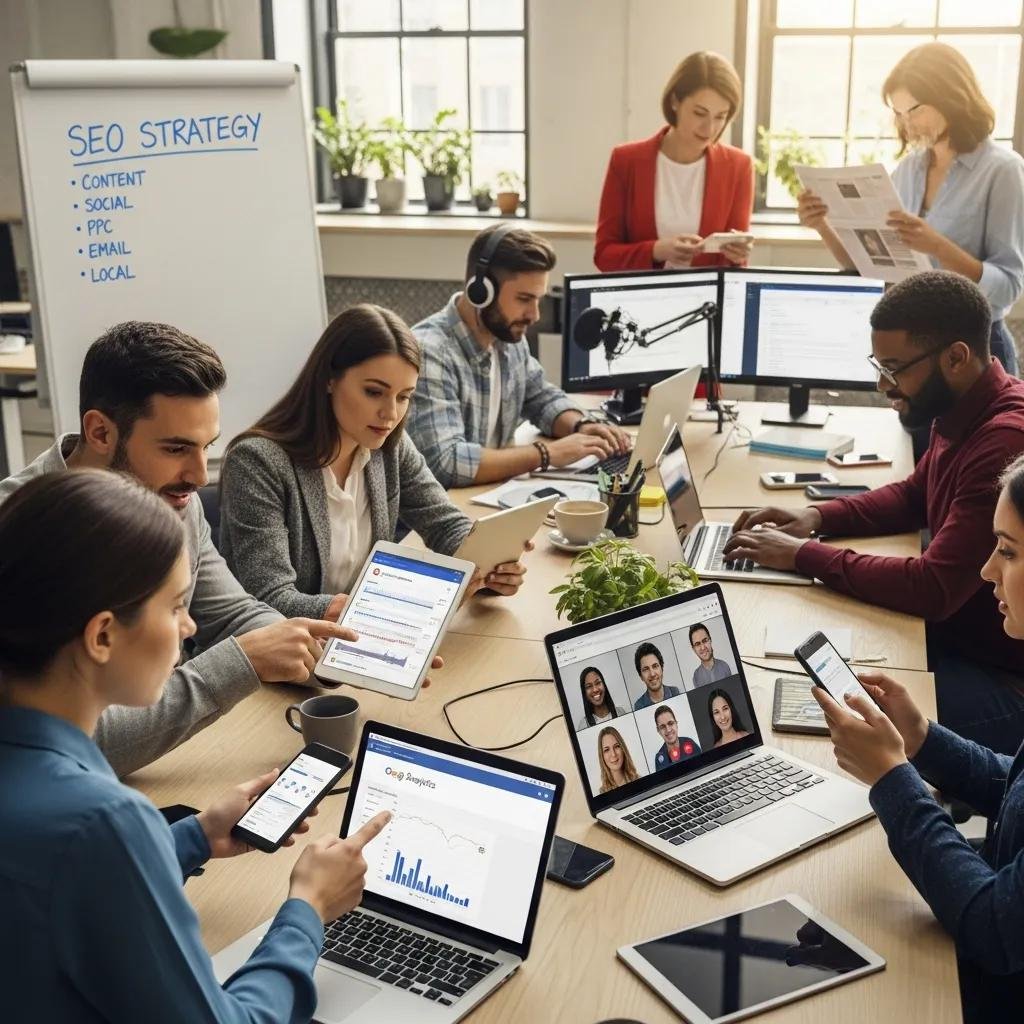 Diverse individuals engaging with multiple digital devices in a modern workspace, illustrating multi-channel SEO strategies