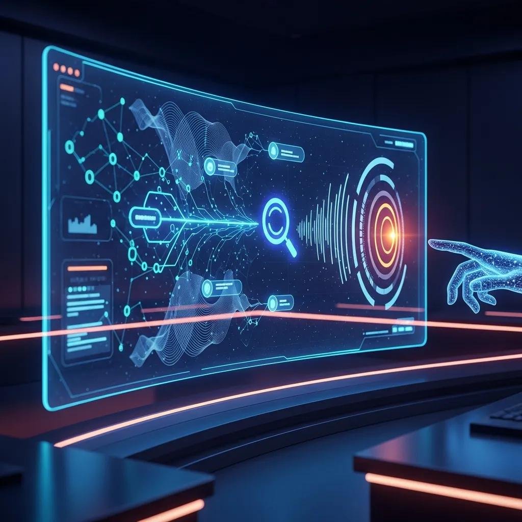 Futuristic AI interface analyzing data for search optimization, highlighting the role of AI in SEO strategies