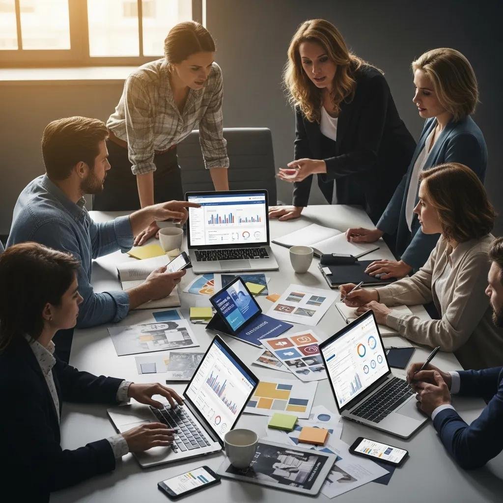 Marketing team collaborating on omnichannel strategies with digital devices and materials, emphasizing best practices for SEO