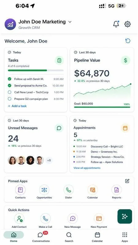 LeadCloser mobile app with tasks, messages, and appointments